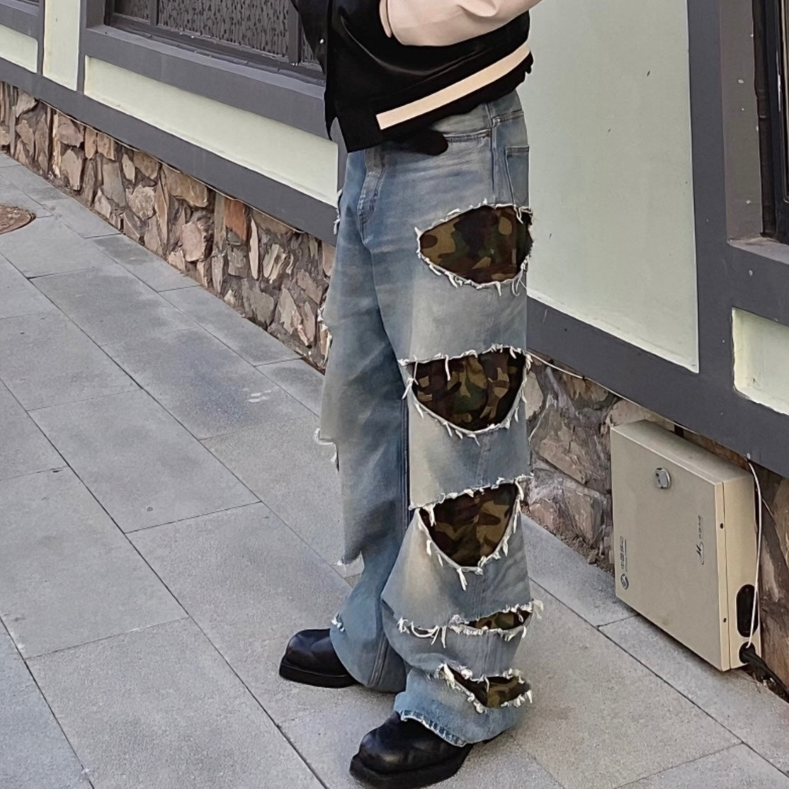 Camouflage Patch Distressed Wide Pants znk000279