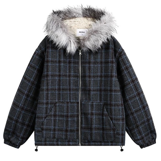 ファー付きチェックフードジャケット znk000195