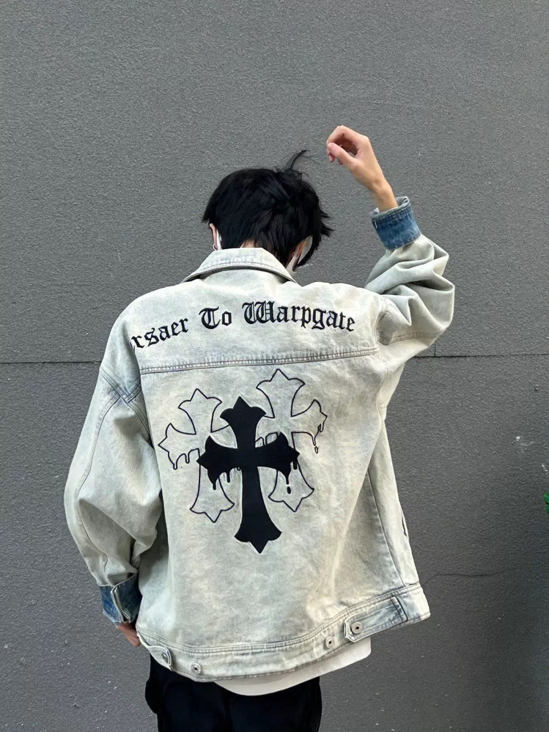 Cross Back Print Denim Jacket znk000249