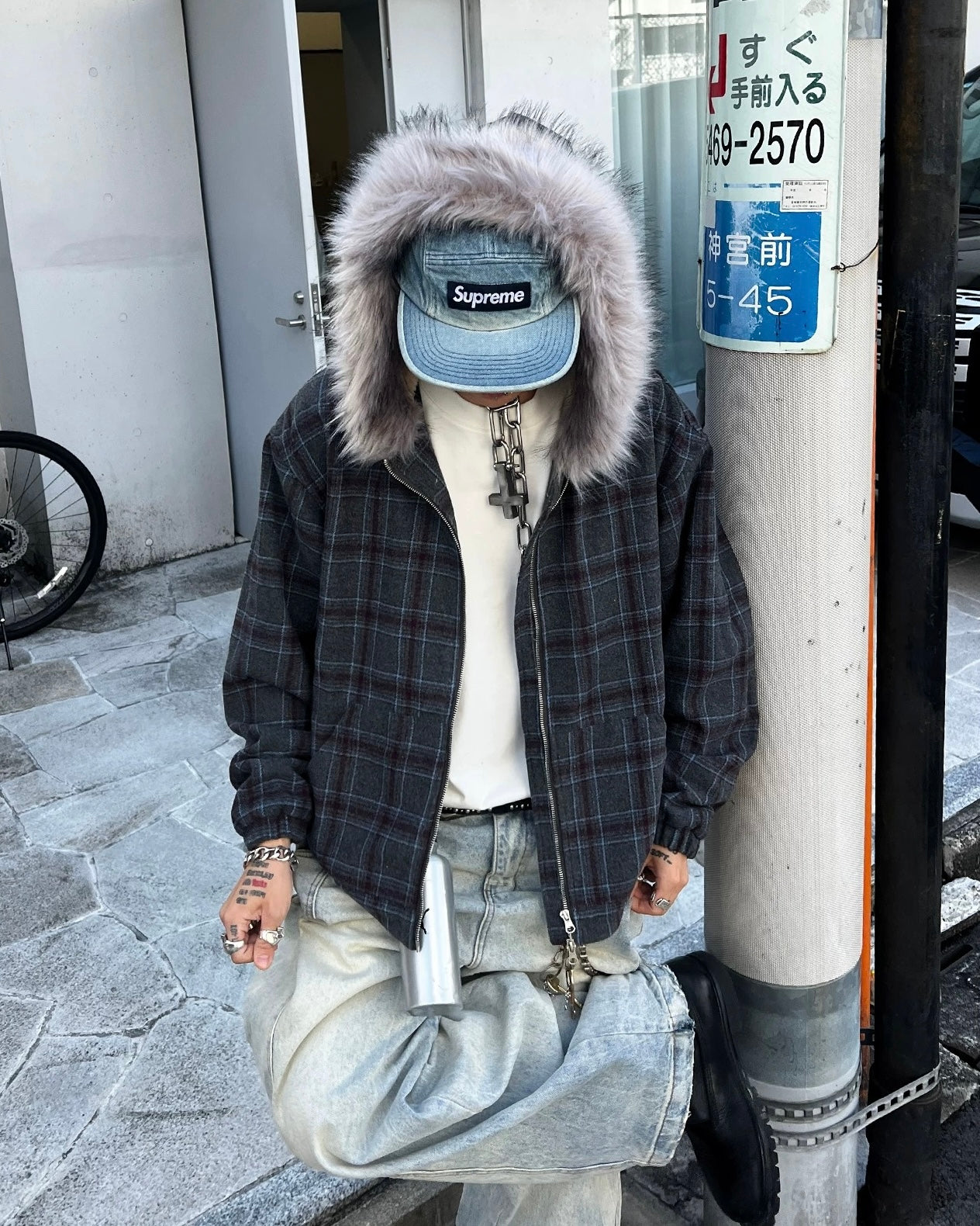 ファー付きチェックフードジャケット znk000195