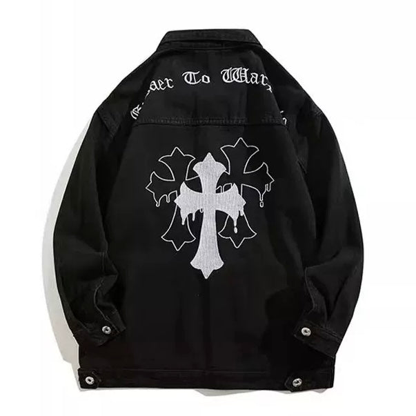 Cross Back Print Denim Jacket znk000249