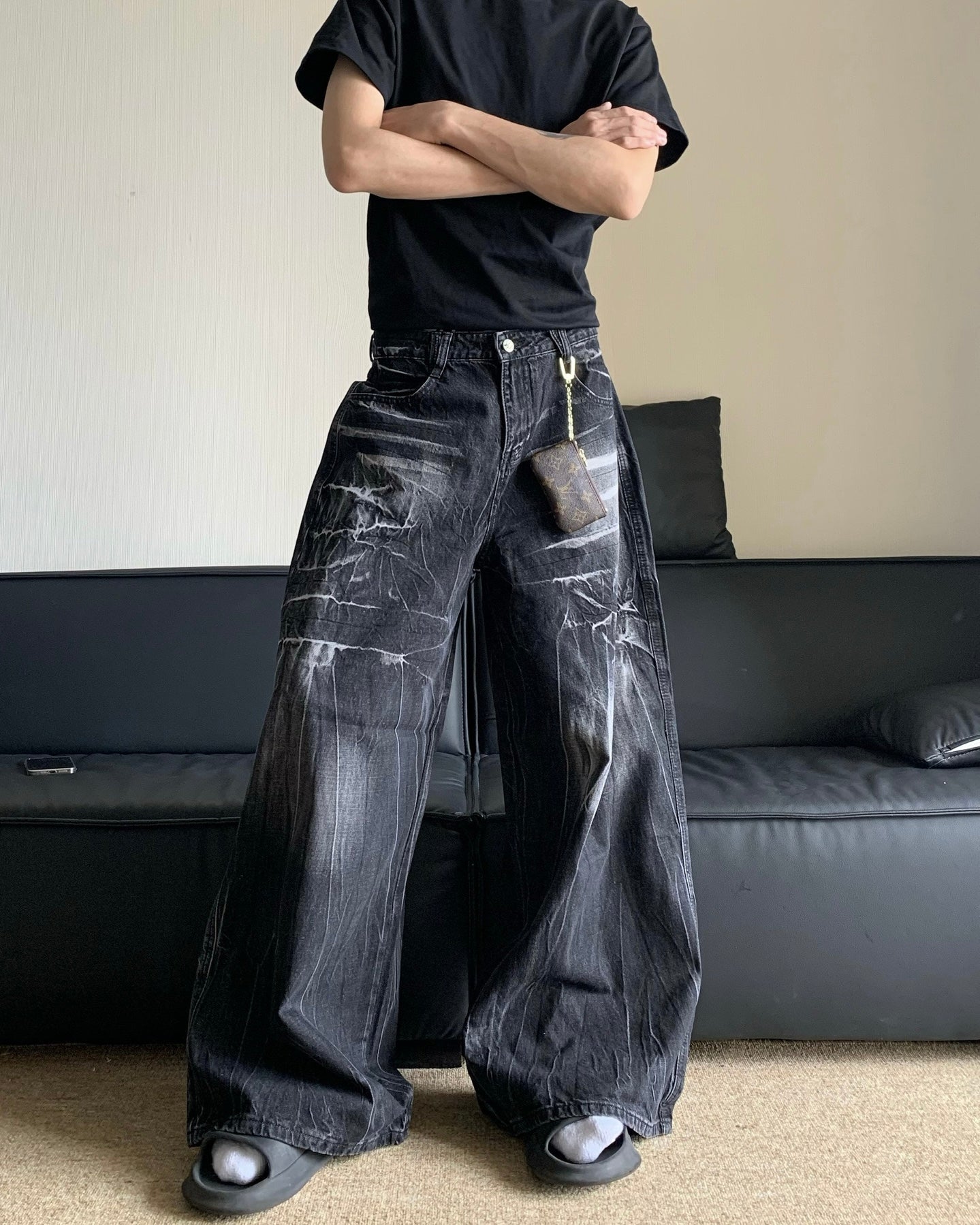 Black Washed Wide Leg Jeans znk000274