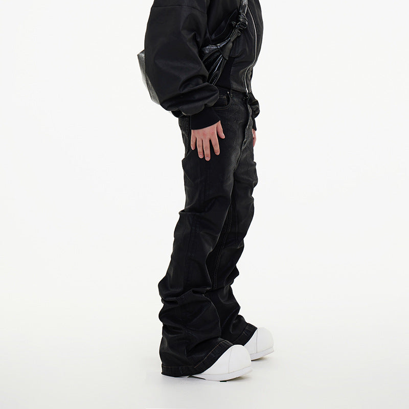 Black Faux Leather Wide Pants znk000277