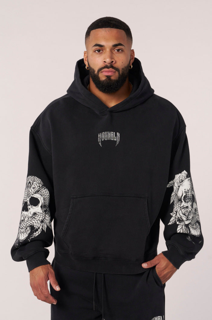 Washed Black Skull Graphic Hoodie znk000271