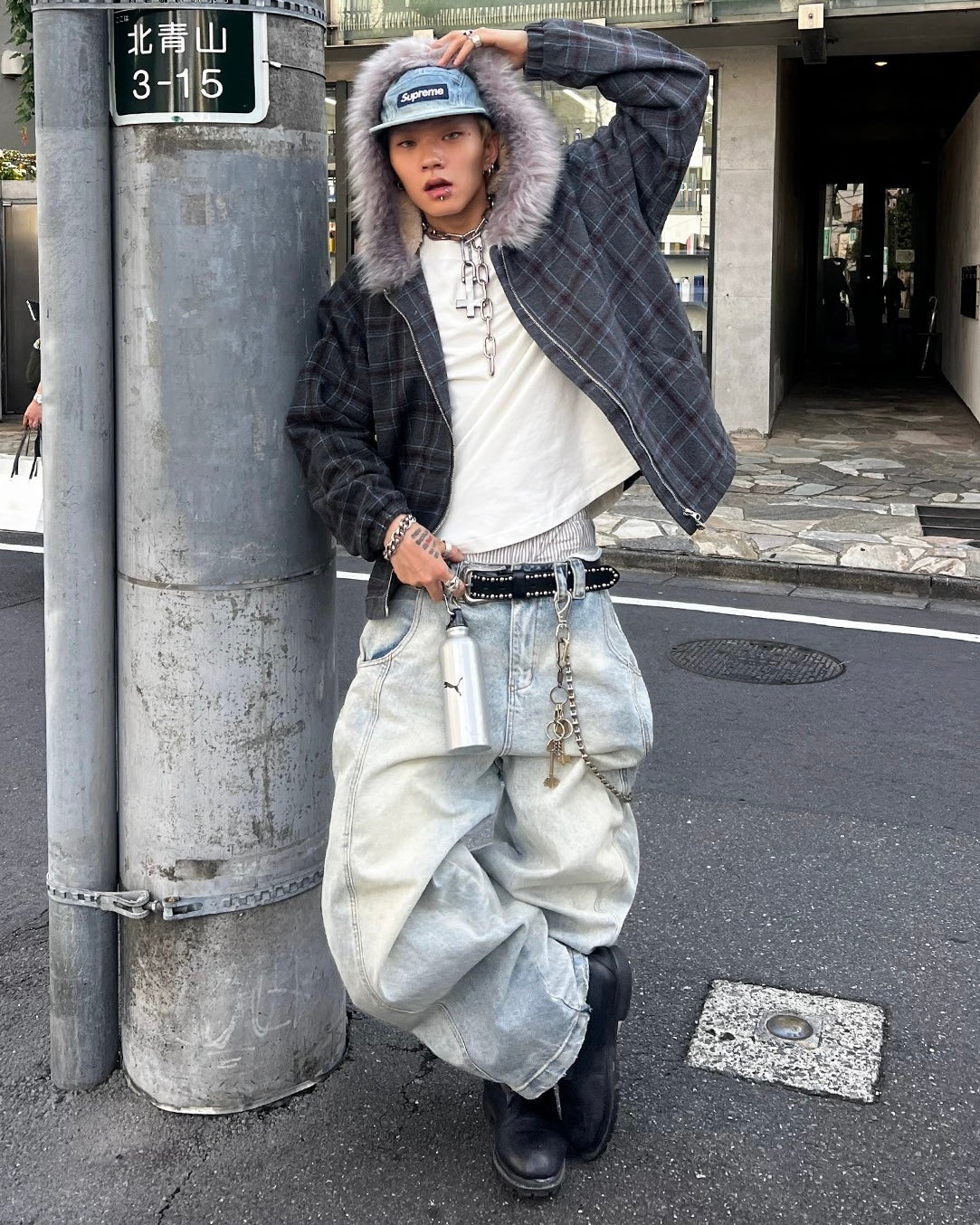 ファー付きチェックフードジャケット znk000195