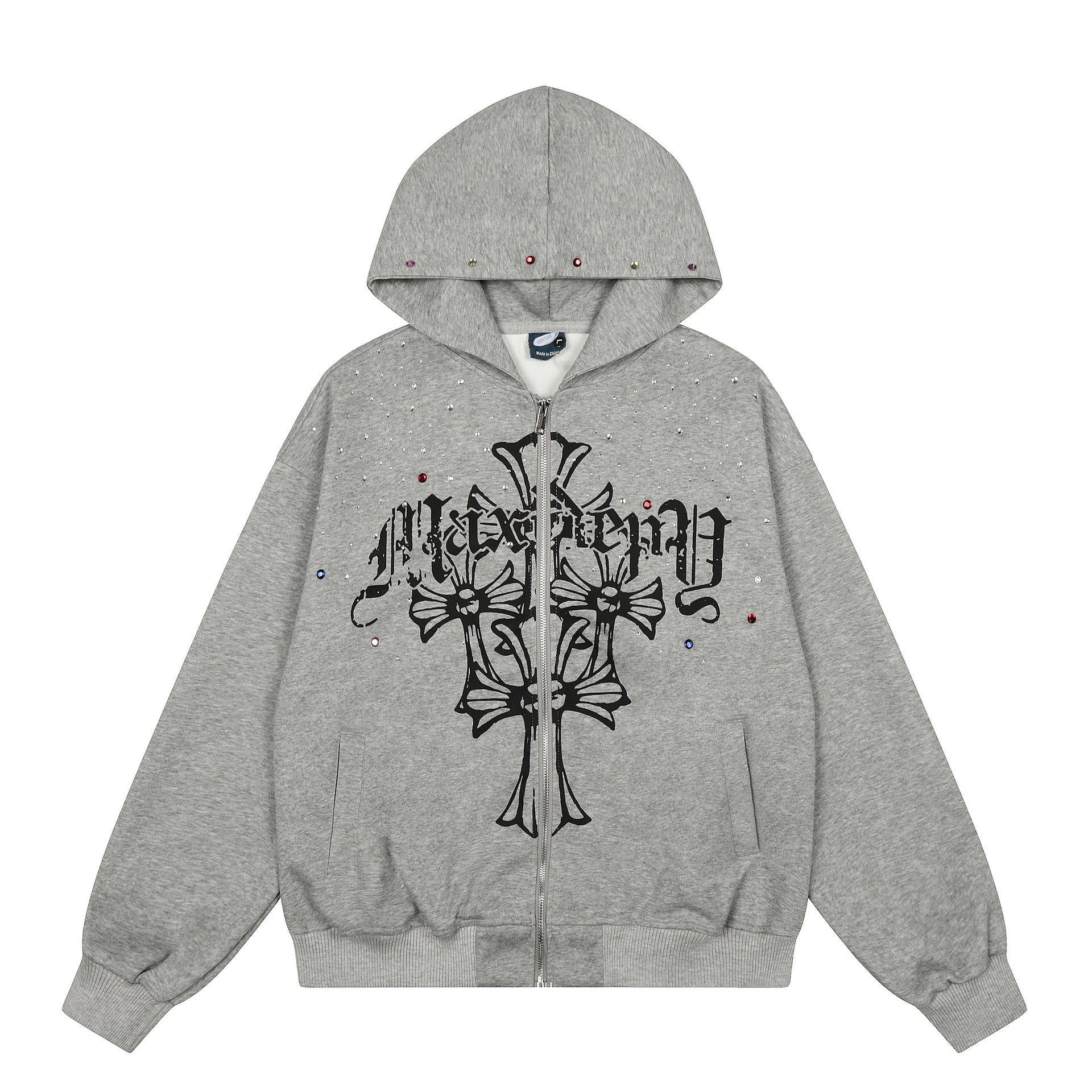 Rhinestone Cross Zip Hoodie znk000223