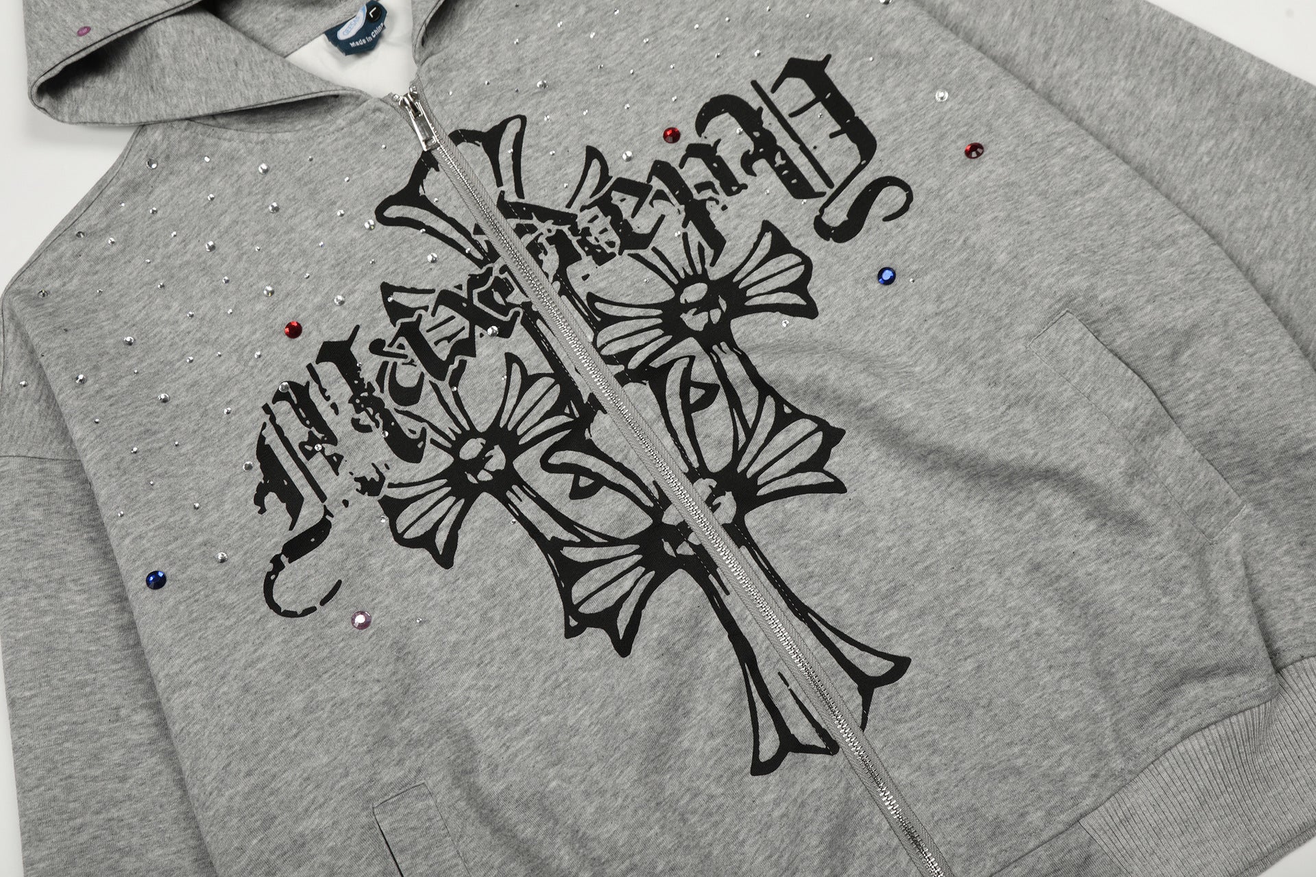 Rhinestone Cross Zip Hoodie znk000223