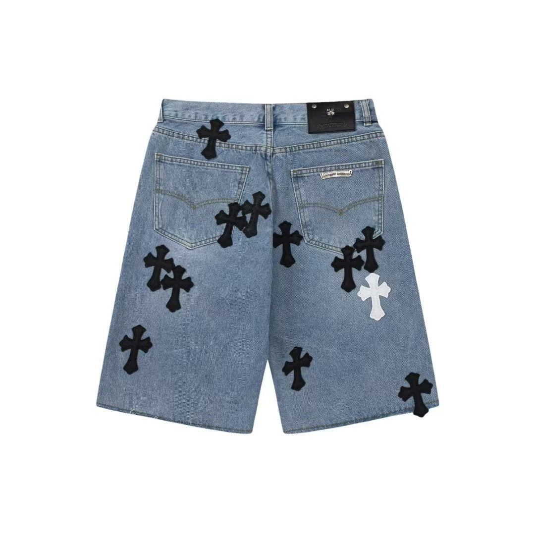 【3color】クロスパッチ デニムショーツ ストリート系 ヴィンテージ風 SS-000324