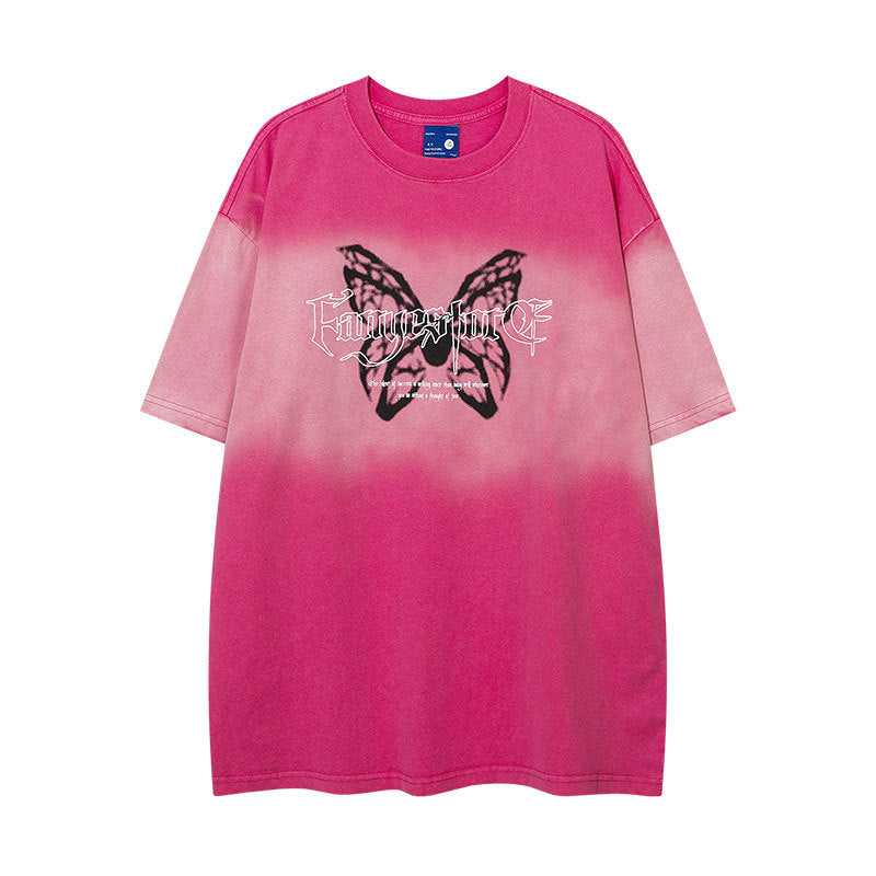 【2color】バタフライプリント ゴシックロゴTシャツ フェードブラック ストリートオーバーサイズ SS-000310