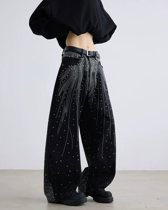 Rhinestone Wide Leg Jeans znk000235