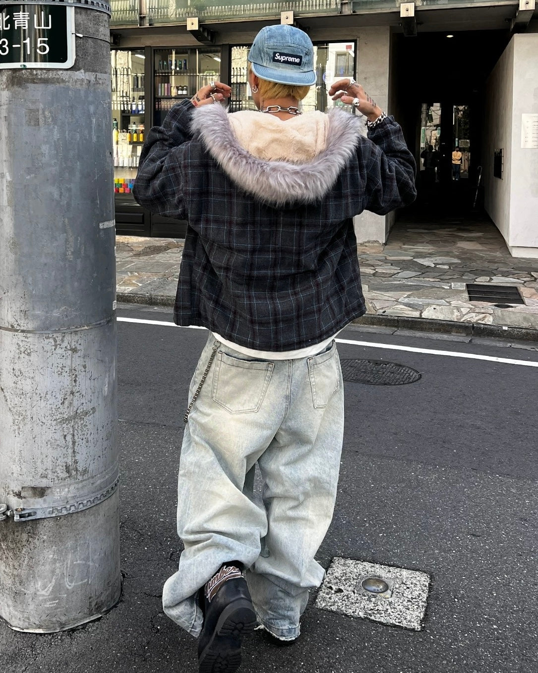 ファー付きチェックフードジャケット znk000195