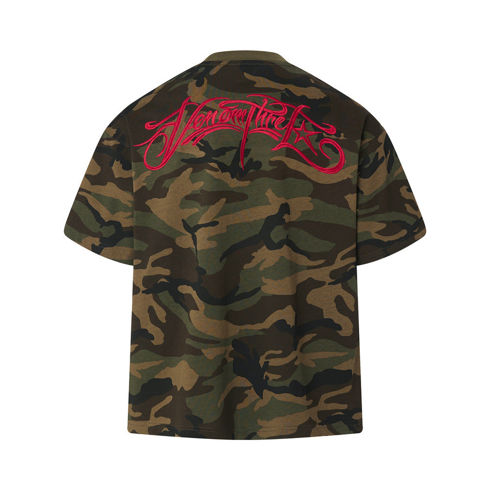 赤ロゴカモフラTシャツ 筆記体刺繍×オーバーサイズ|ストリート系メンズ半袖トップス SS-000309