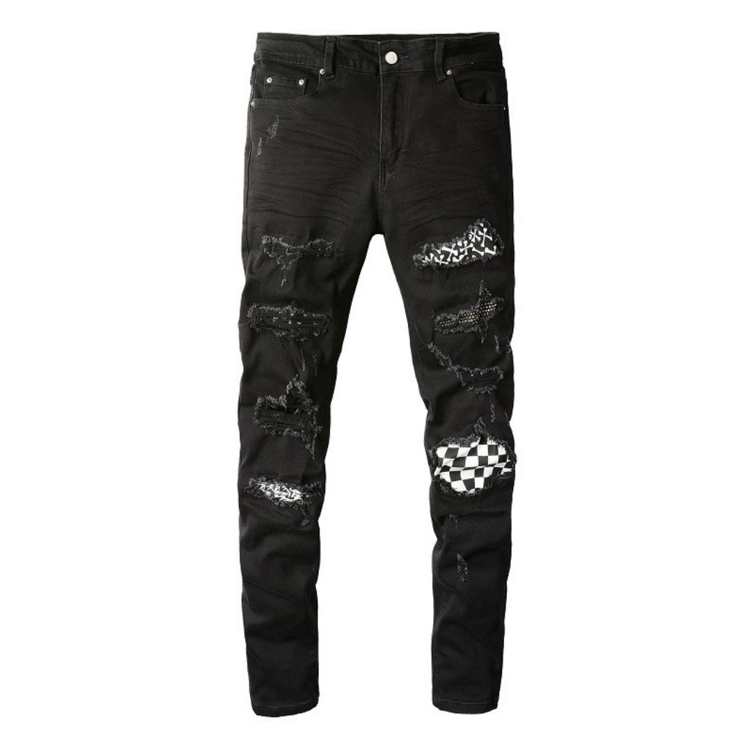 クラッシュデニム ブラック スキニーパンツ パッチワーク SS-000344