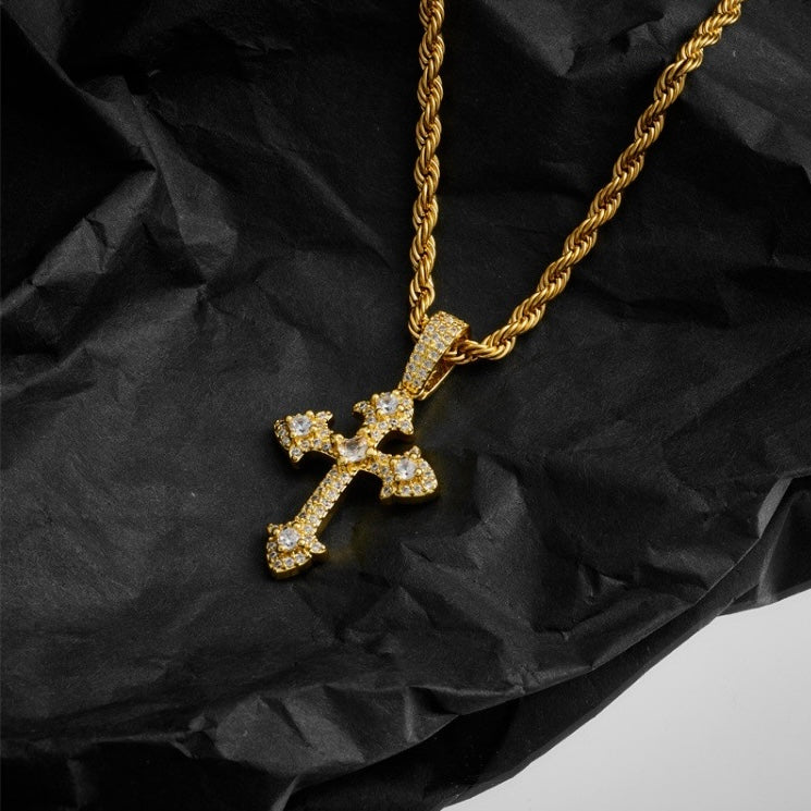 【2color】十字架ペンダント ネックレス 高級感 ロープチェーン ストリート系 SS-000335