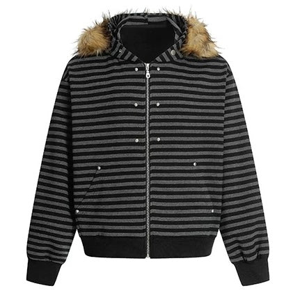 ファー付きボーダーフーデッドブルゾン znk000166