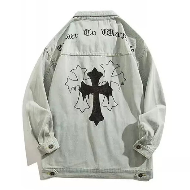 Cross Back Print Denim Jacket znk000249