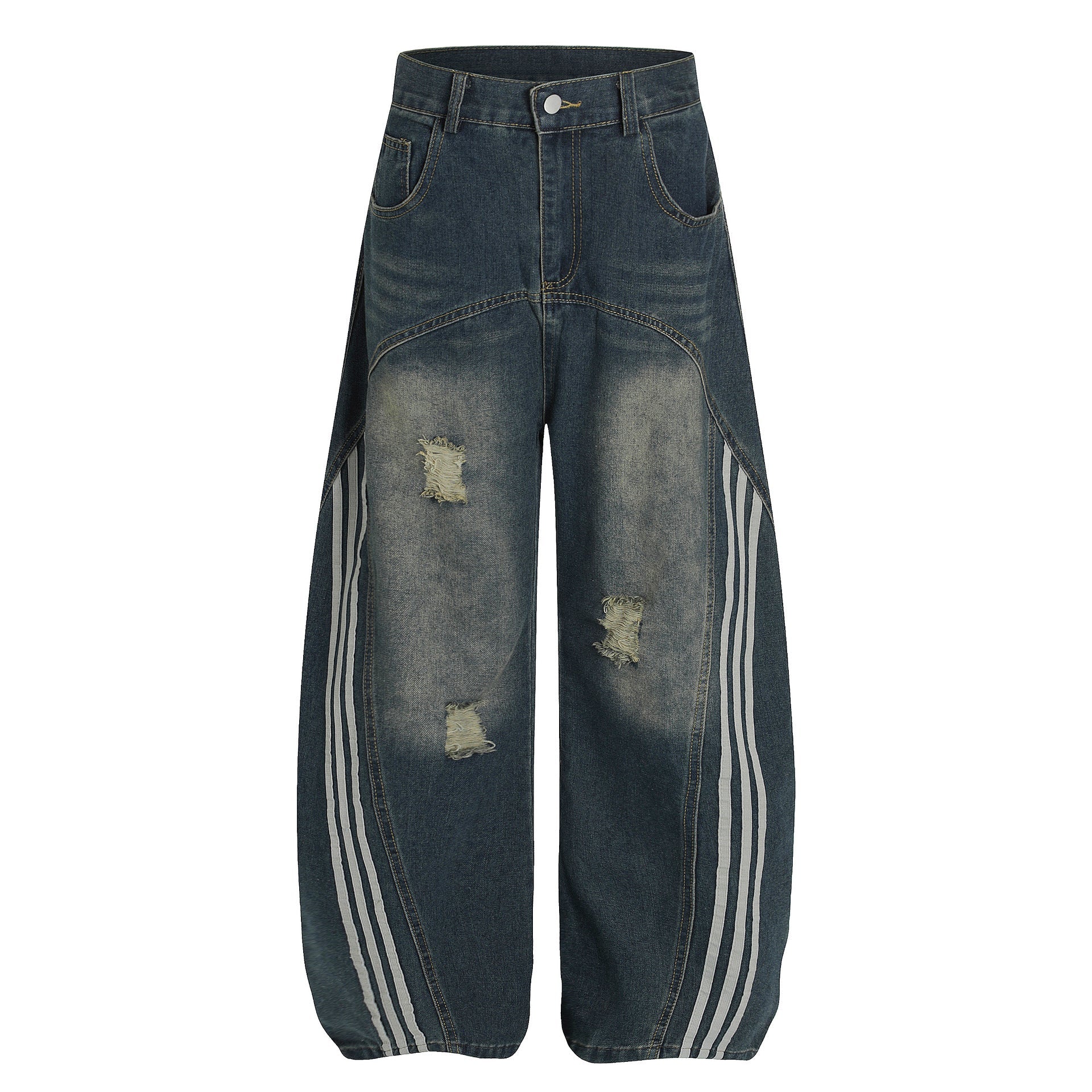 【2color】サイドライン×ダメージ加工 ワイドデニムパンツ SS-000296