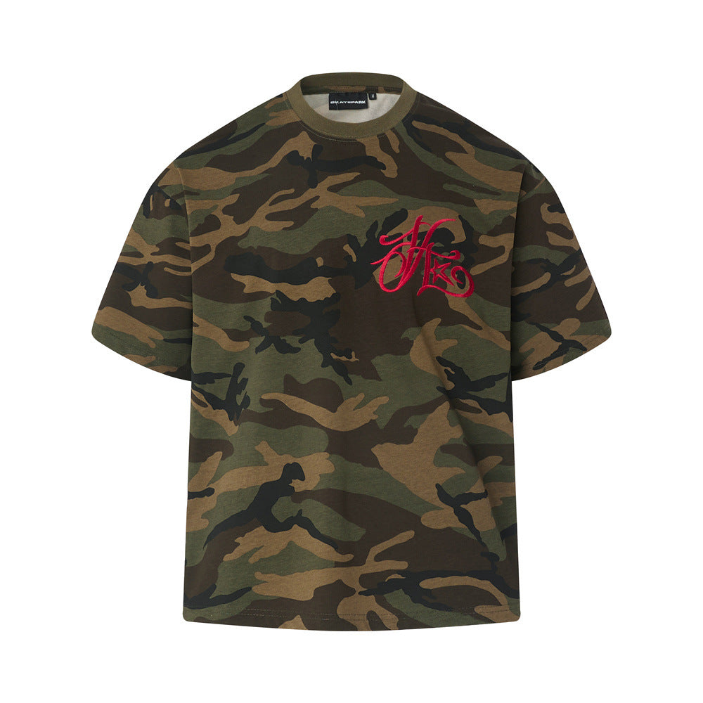 赤ロゴカモフラTシャツ 筆記体刺繍×オーバーサイズ|ストリート系メンズ半袖トップス SS-000309