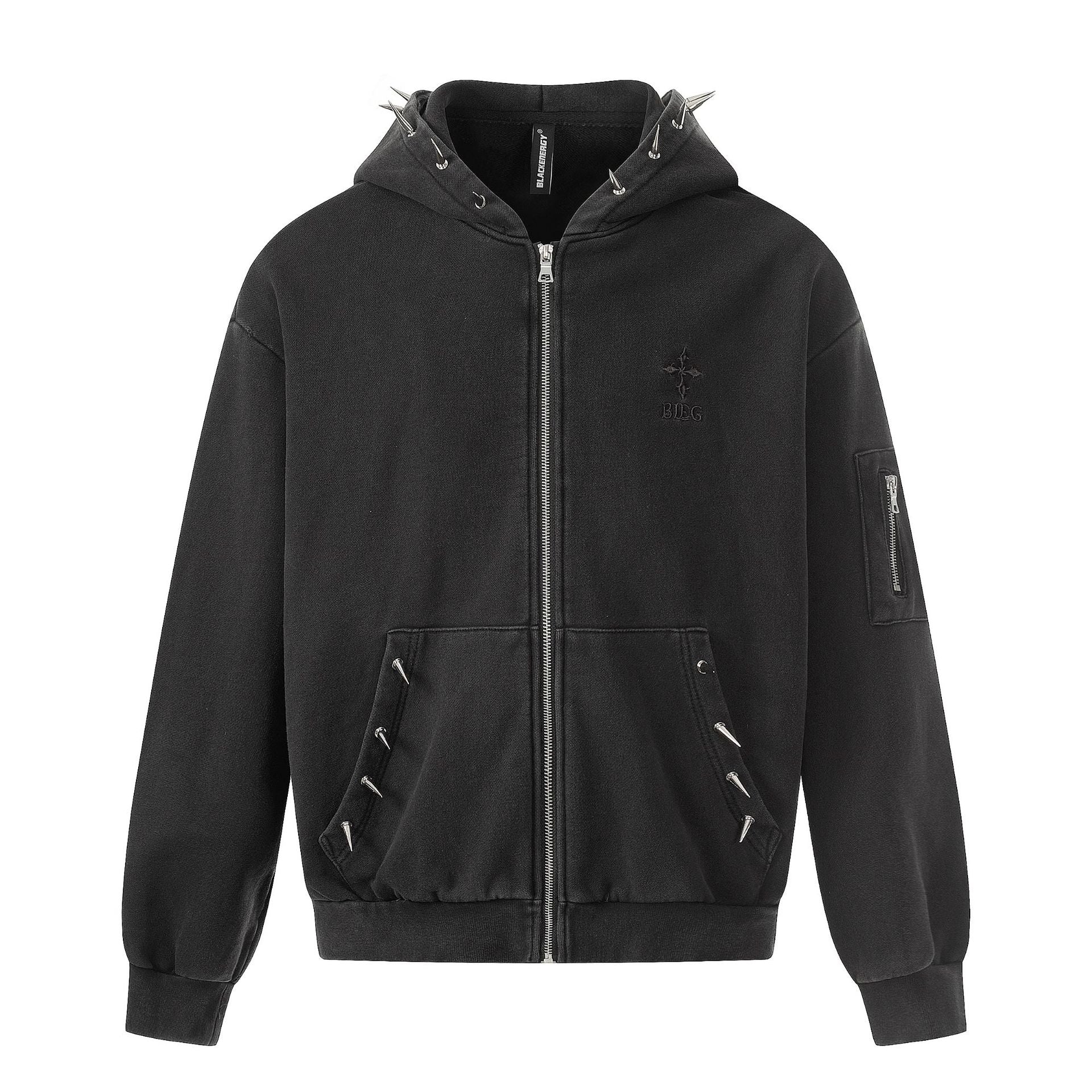 Black Spike Detail Zip Hoodie znk000222