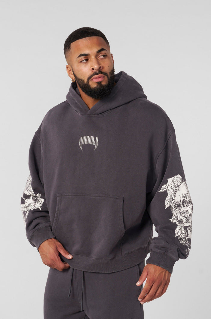 Washed Black Skull Graphic Hoodie znk000271
