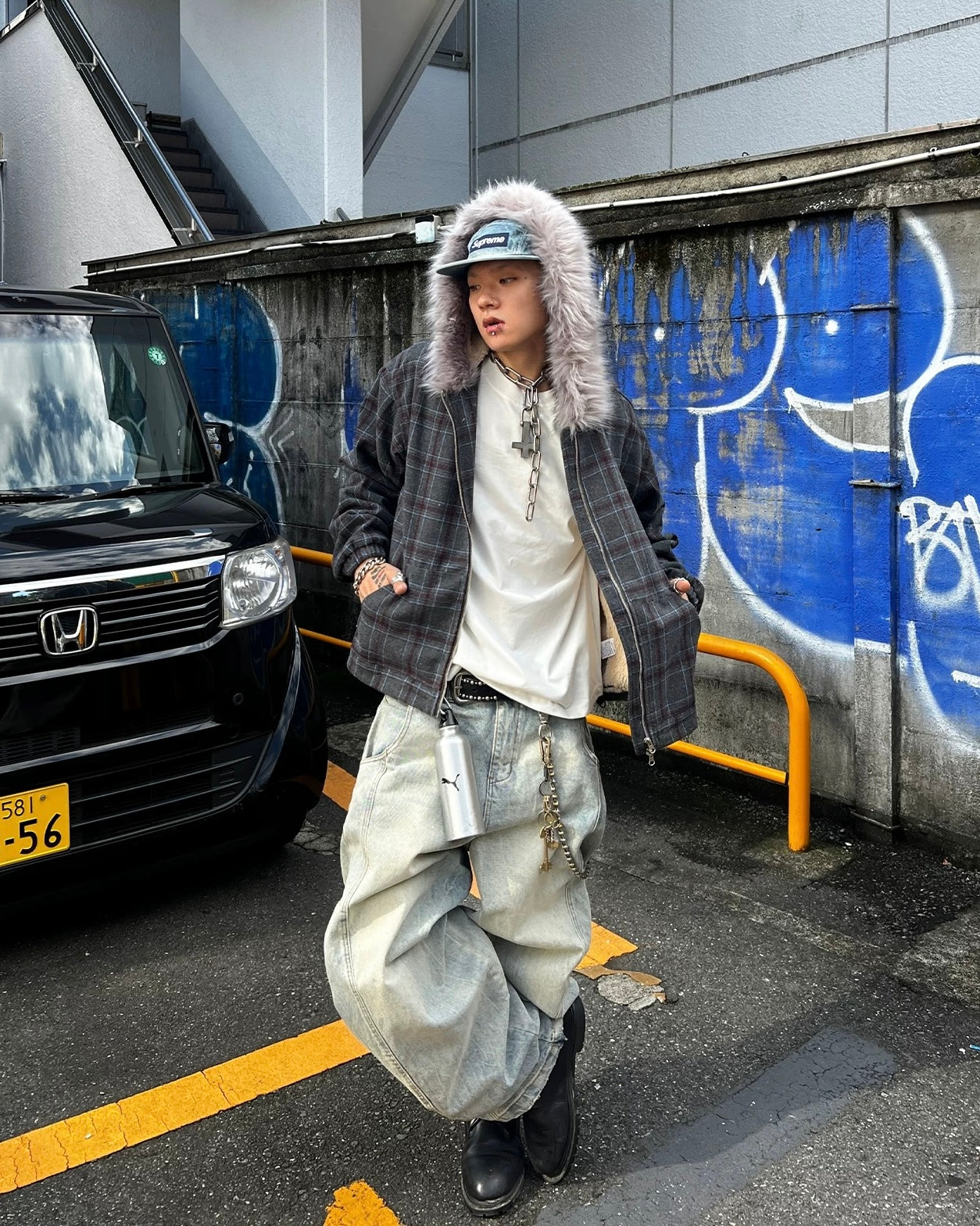 ファー付きチェックフードジャケット znk000195