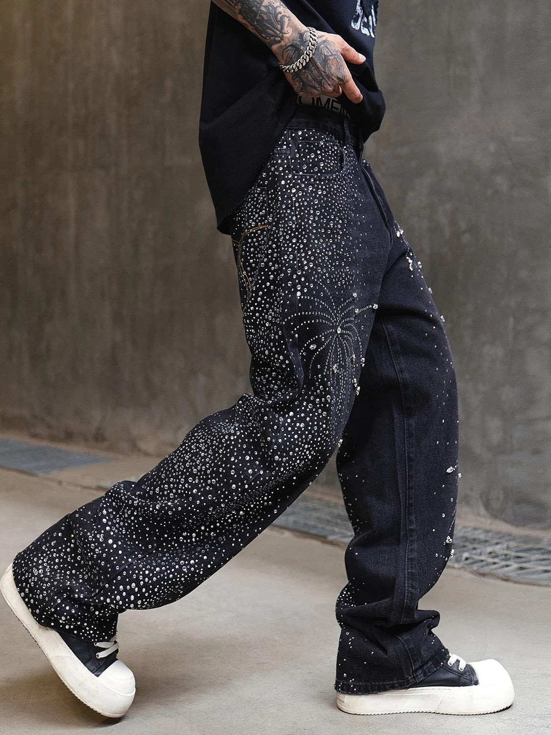 Rhinestone Wide Denim Pants znk000259