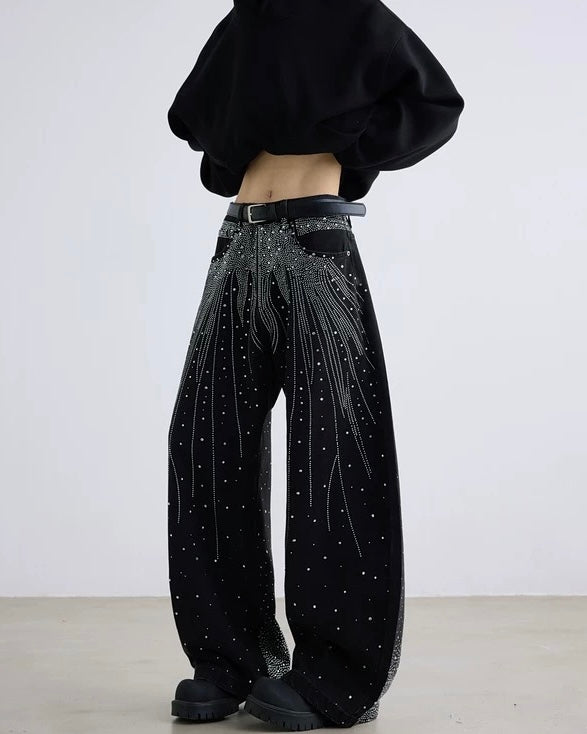 Rhinestone Wide Leg Jeans znk000235
