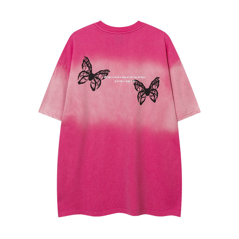 【2color】バタフライプリント ゴシックロゴTシャツ フェードブラック ストリートオーバーサイズ SS-000310