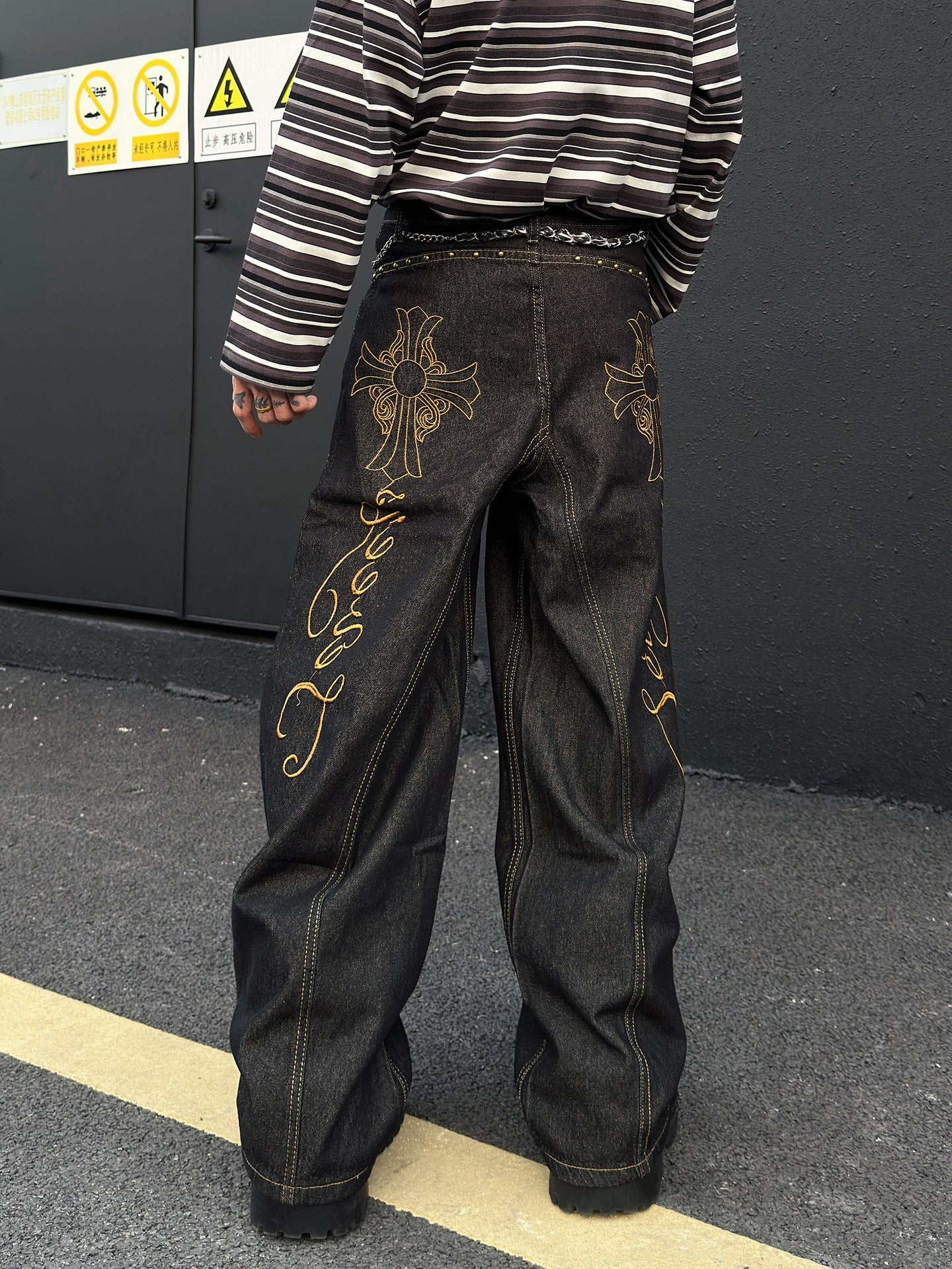 Gold Embroidery Wide Leg Denim znk000269