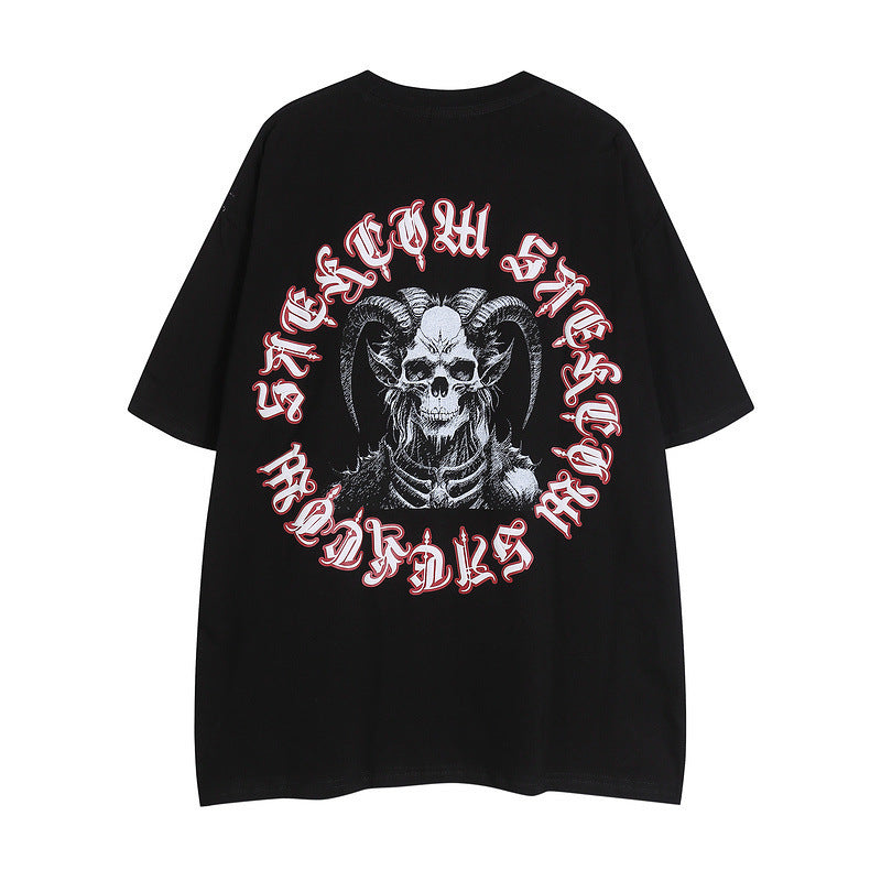【2color】ゴシックロゴ×スカルアートTシャツ｜個性派ストリートスタイル SS-000298