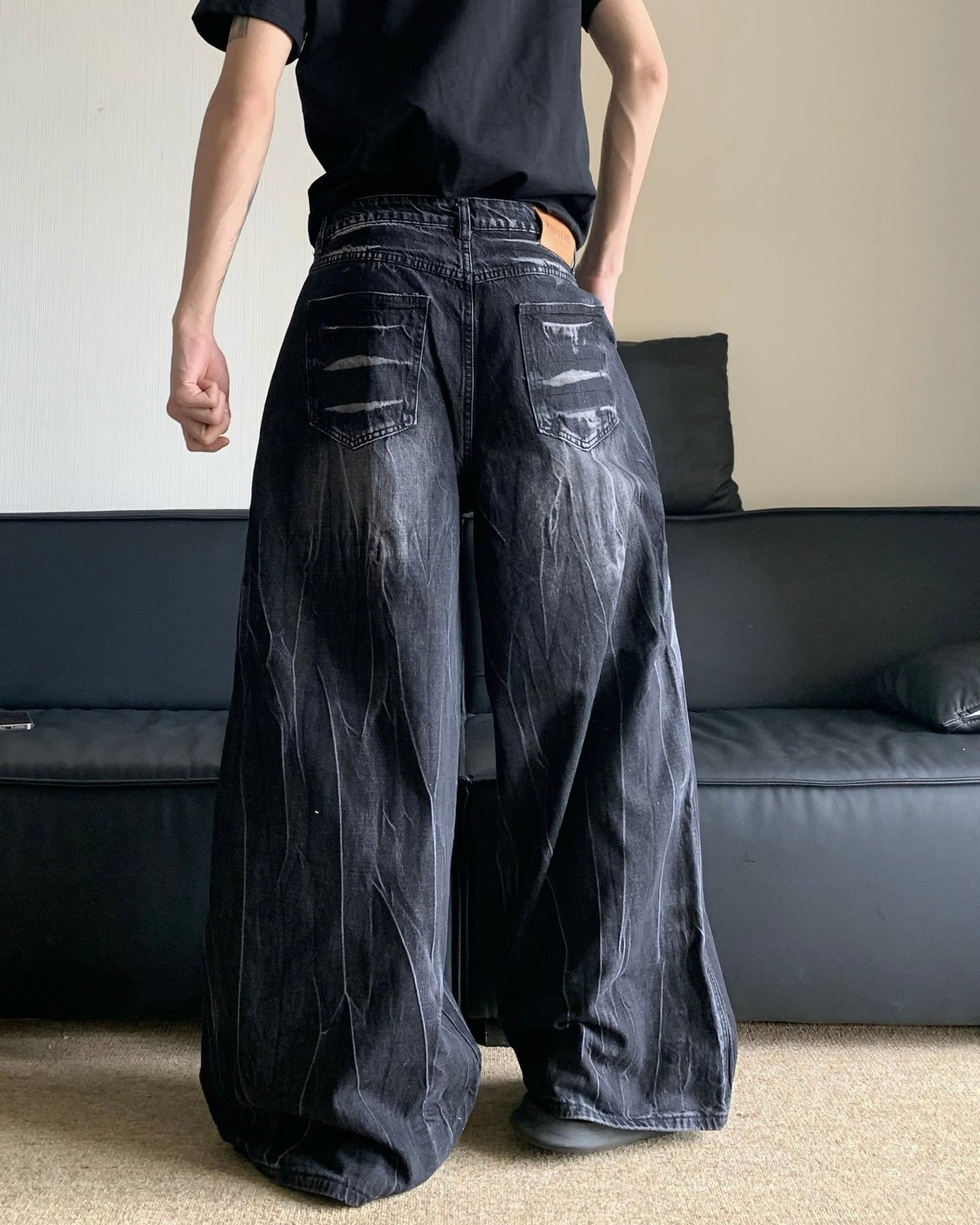 Black Washed Wide Leg Jeans znk000274