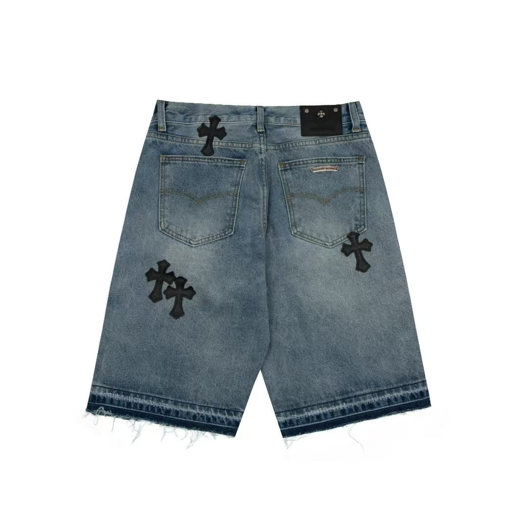 【3color】クロスパッチ デニムショーツ ストリート系 ヴィンテージ風 SS-000324