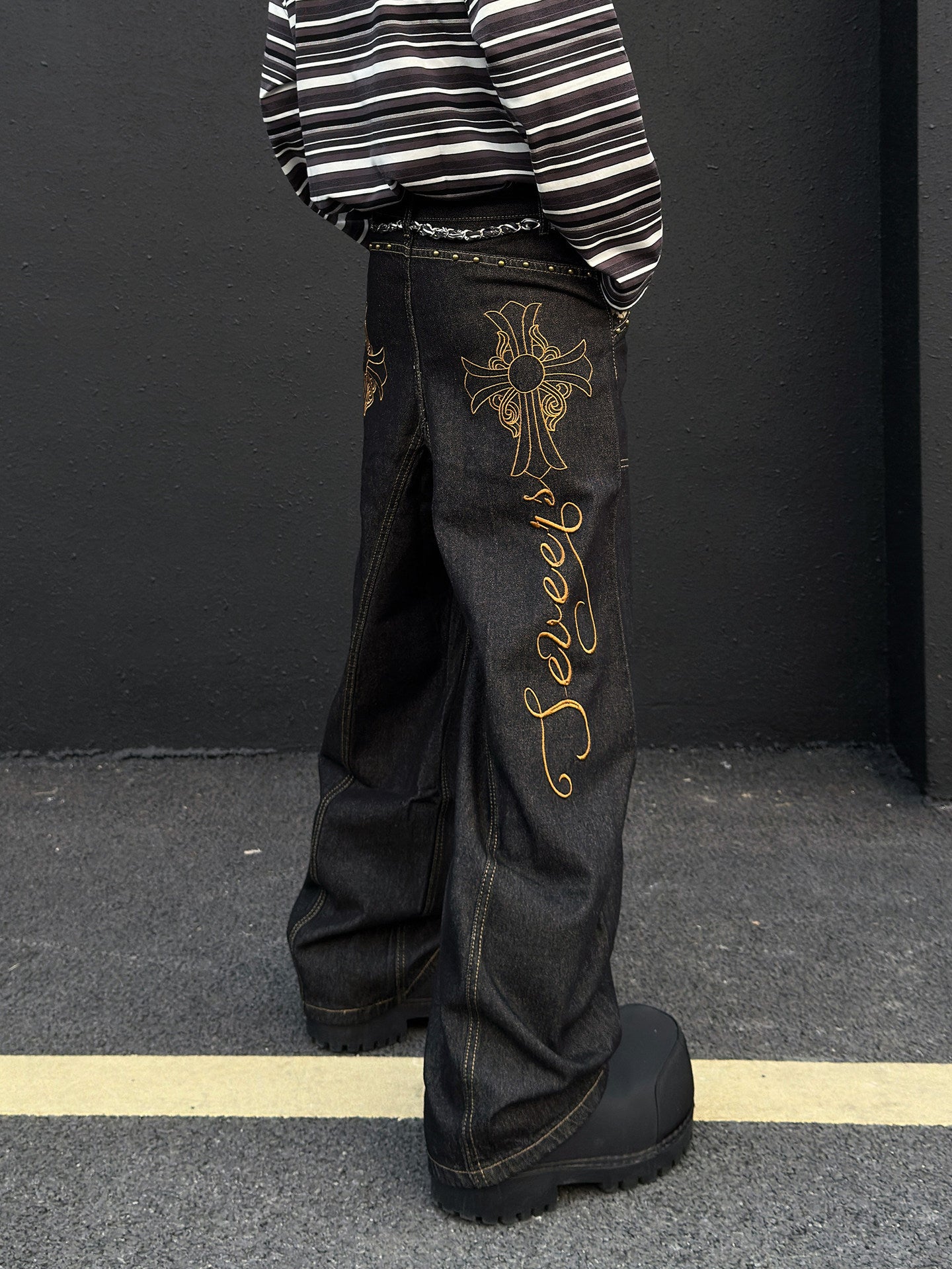 Gold Embroidery Wide Leg Denim znk000269