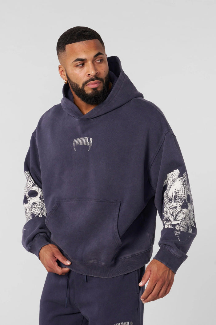 Washed Black Skull Graphic Hoodie znk000271