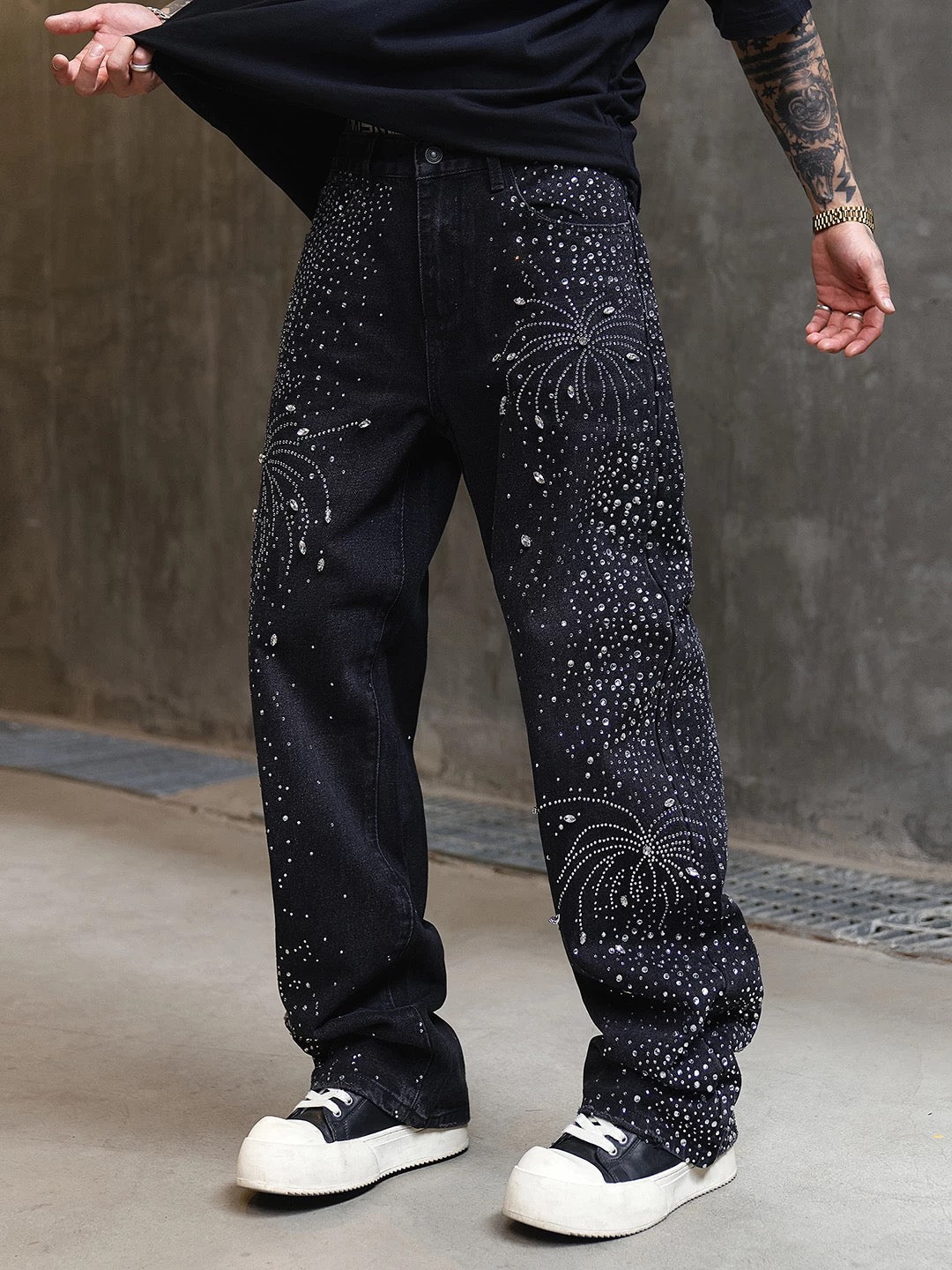 Rhinestone Wide Denim Pants znk000259