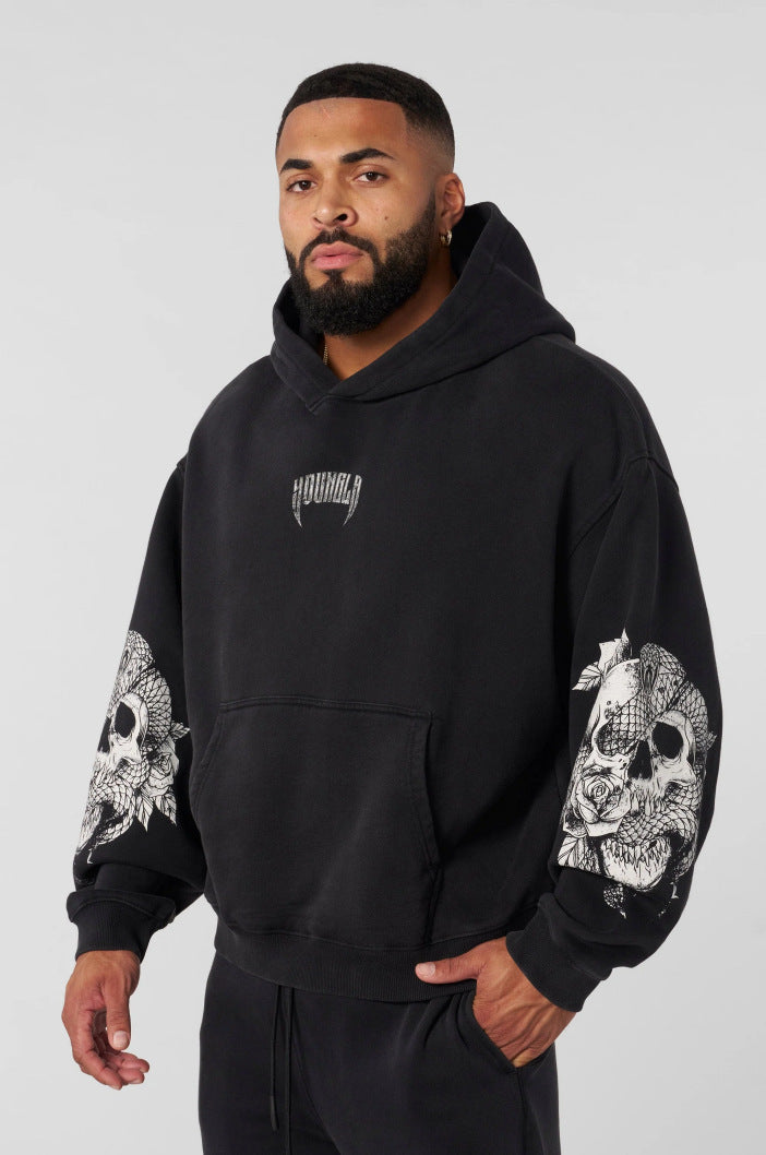 Washed Black Skull Graphic Hoodie znk000271