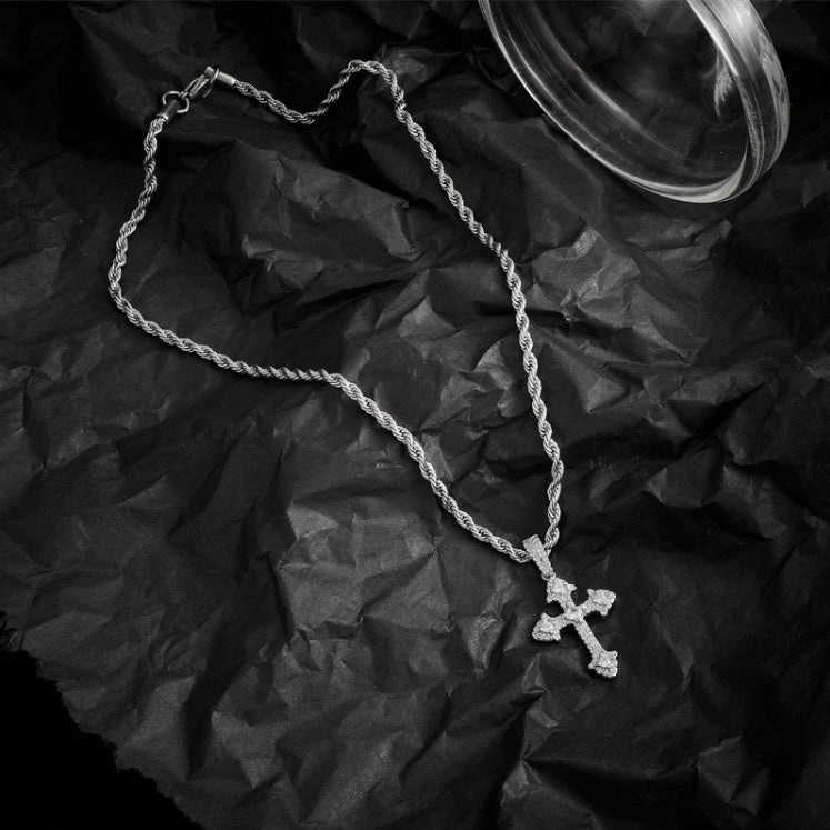 【2color】十字架ペンダント ネックレス 高級感 ロープチェーン ストリート系 SS-000335
