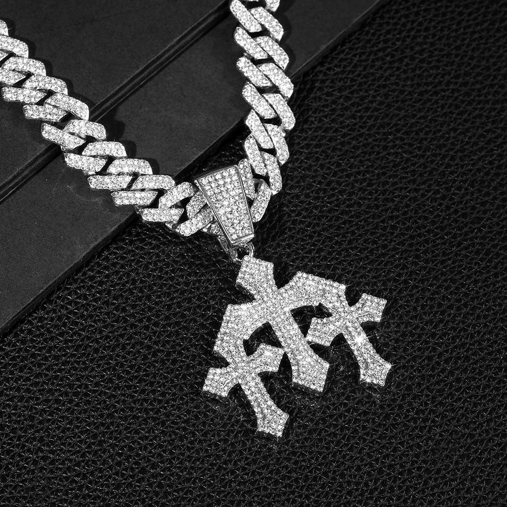 ヒップホップ風 クロスチャーム付き シルバー キューバリンク ネックレス SS-000318