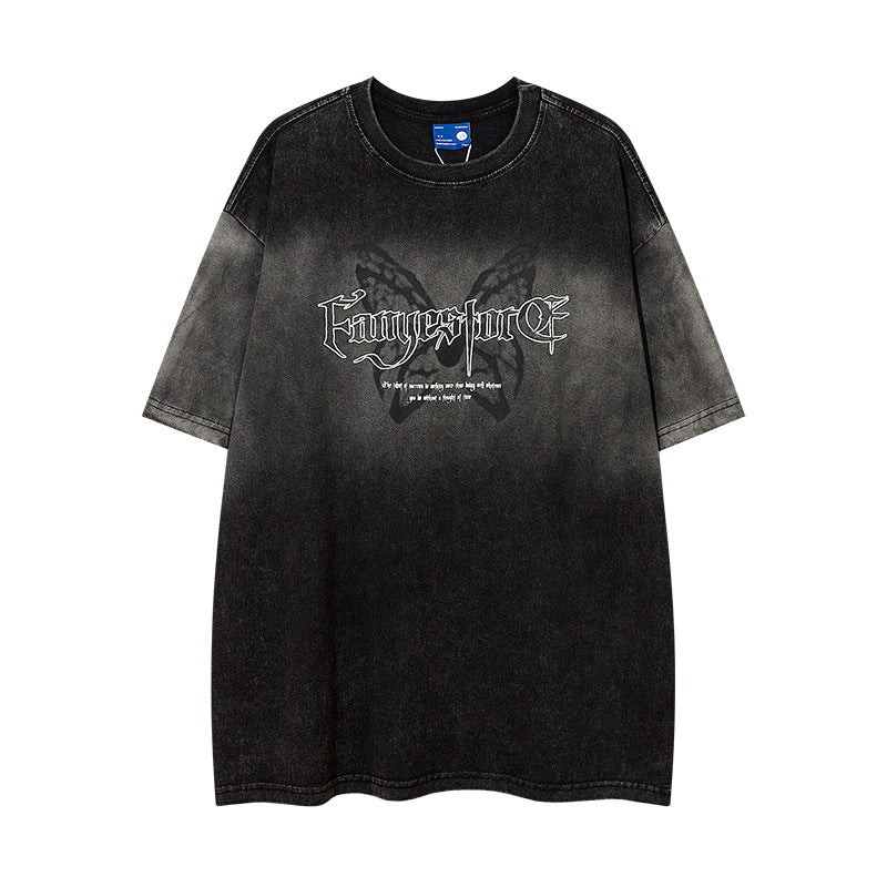 【2color】バタフライプリント ゴシックロゴTシャツ フェードブラック ストリートオーバーサイズ SS-000310