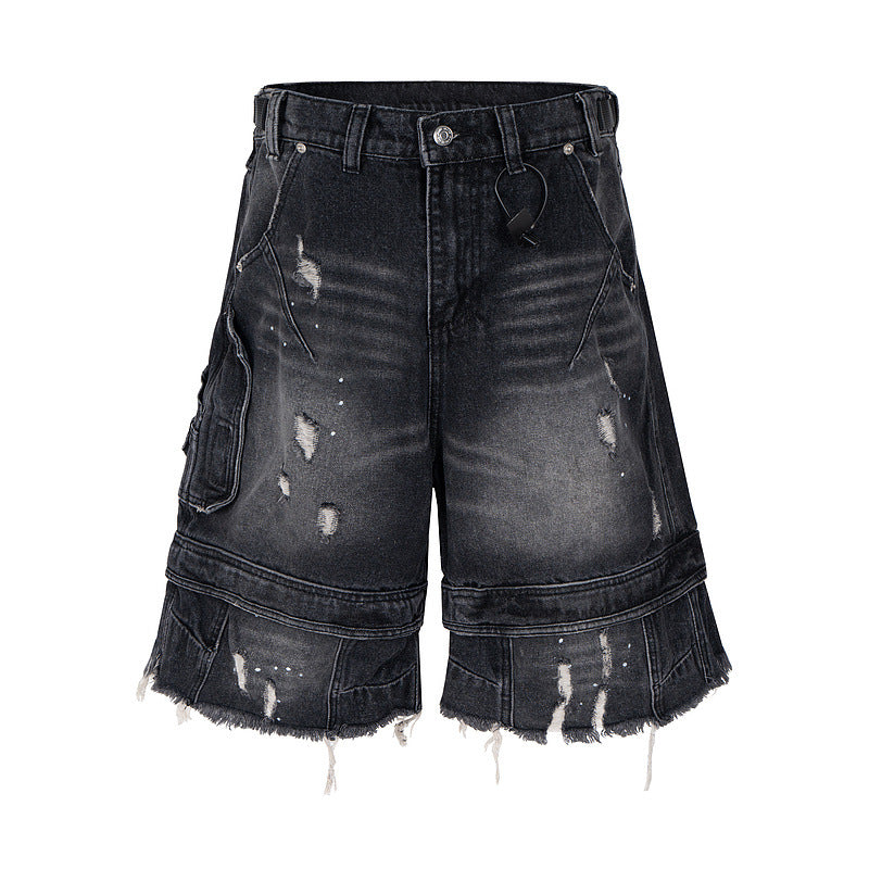 【2color】ダメージデニムショートパンツ カーゴポケット付き ストリート系 SS-000329