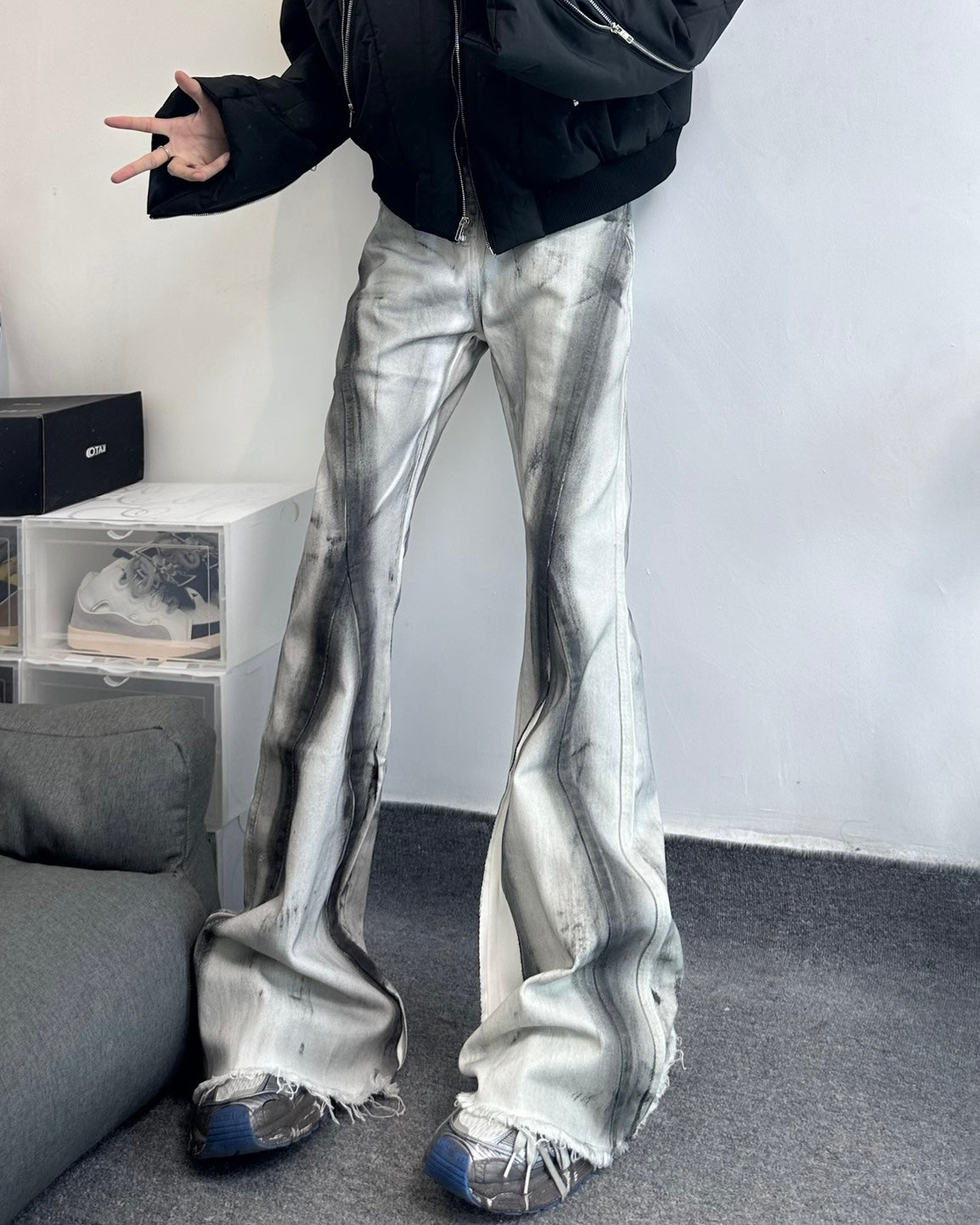 Bleached Flared Denim Pants znk000276