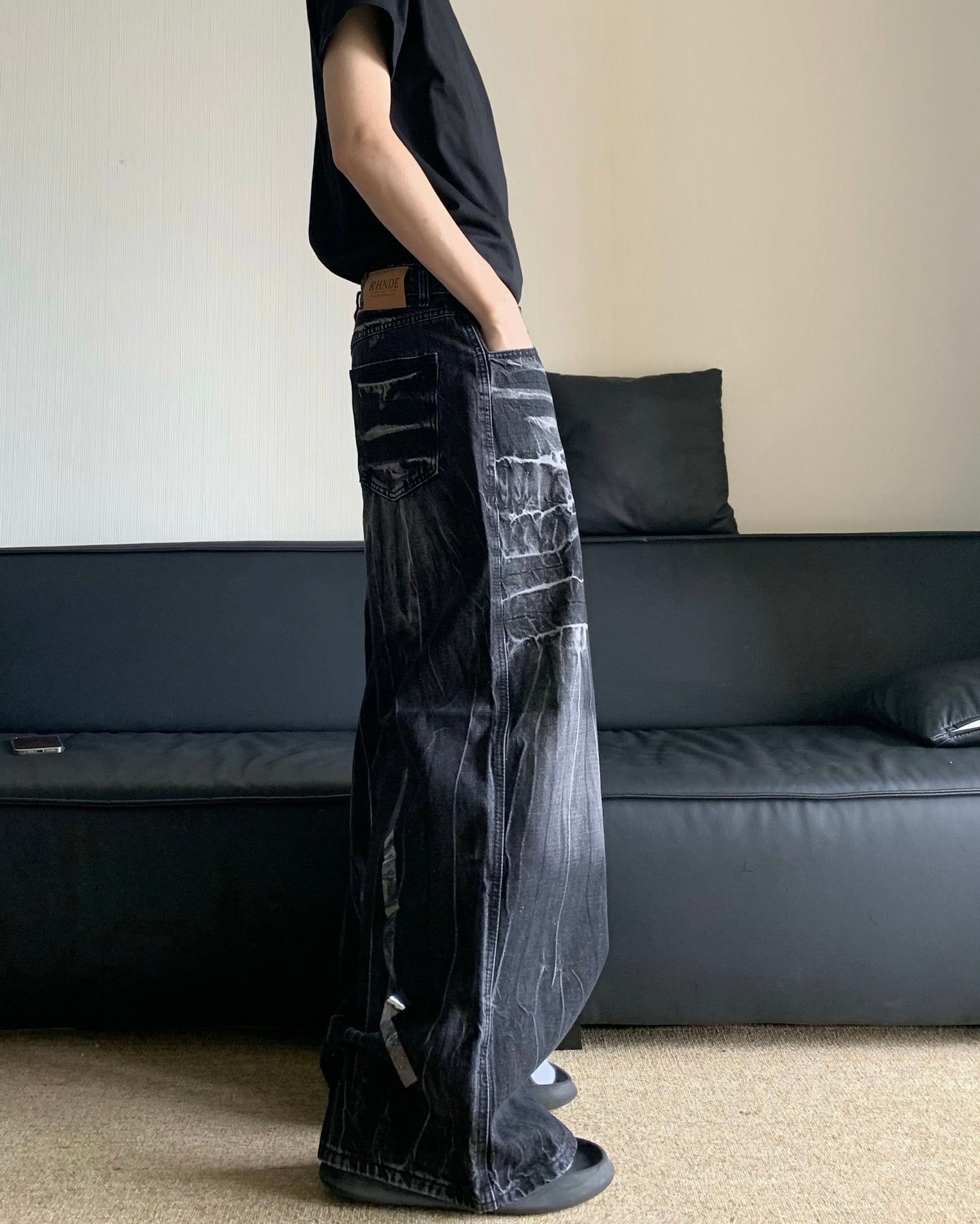 Black Washed Wide Leg Jeans znk000274