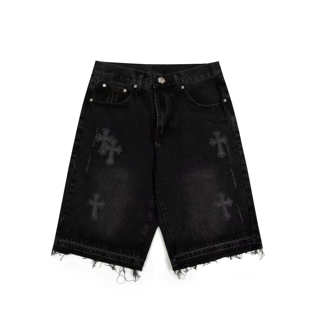 【3color】クロスパッチ デニムショーツ ストリート系 ヴィンテージ風 SS-000324