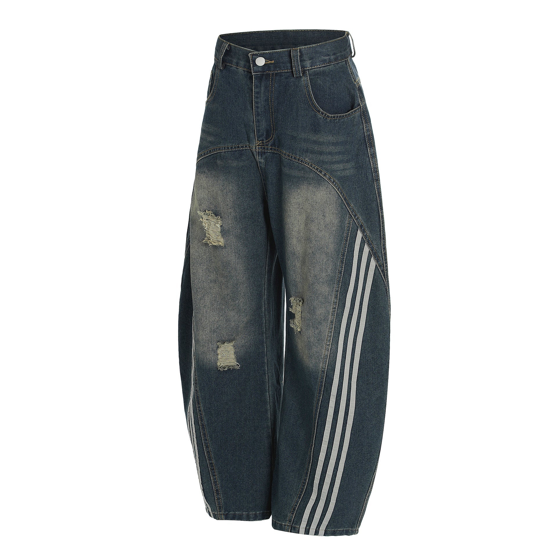 【2color】サイドライン×ダメージ加工 ワイドデニムパンツ SS-000296