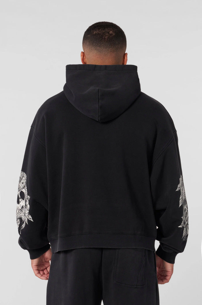 Washed Black Skull Graphic Hoodie znk000271