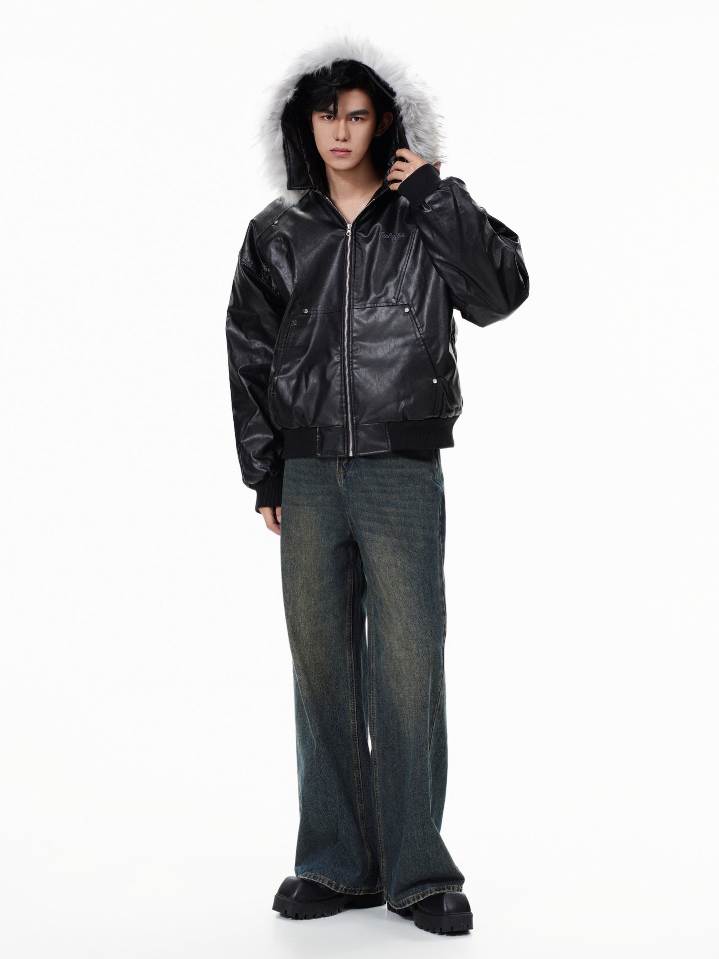 フェイクレザー ファーフードジャケット SS-000698