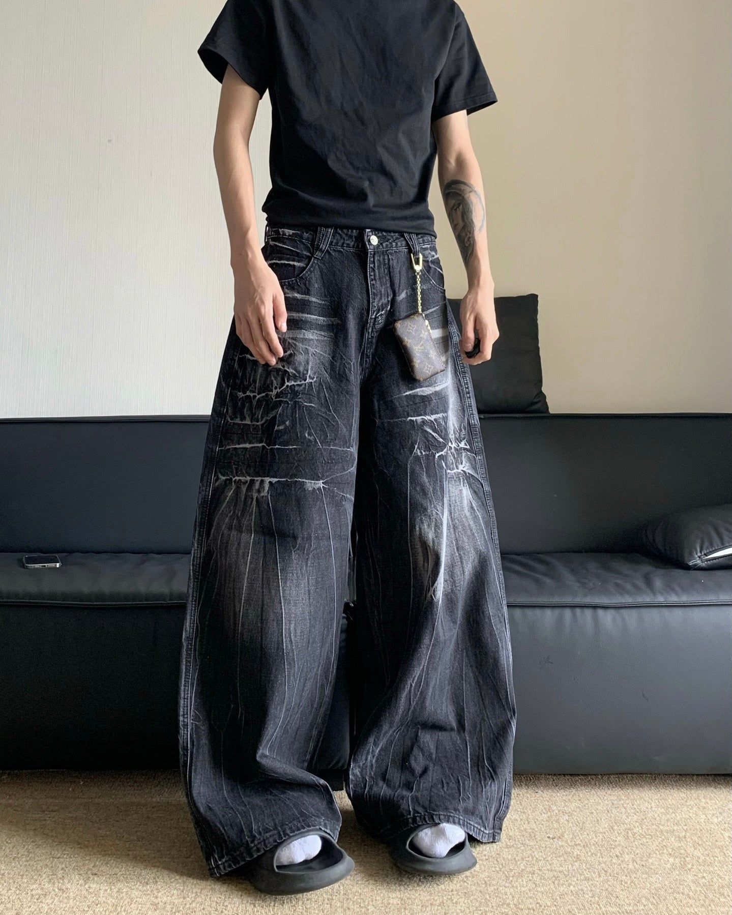 Black Washed Wide Leg Jeans znk000274