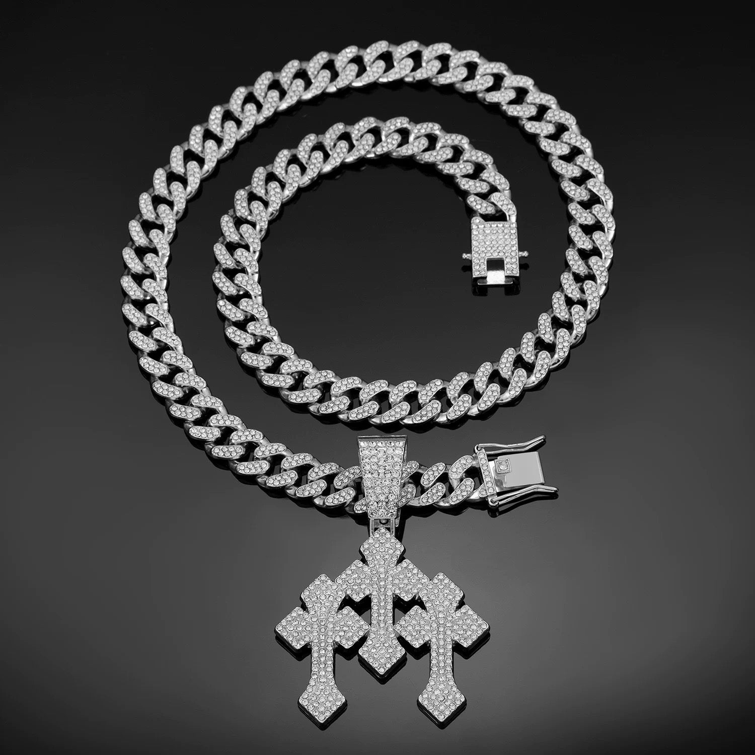 ヒップホップ風 クロスチャーム付き シルバー キューバリンク ネックレス SS-000318