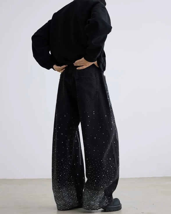 Rhinestone Wide Leg Jeans znk000235