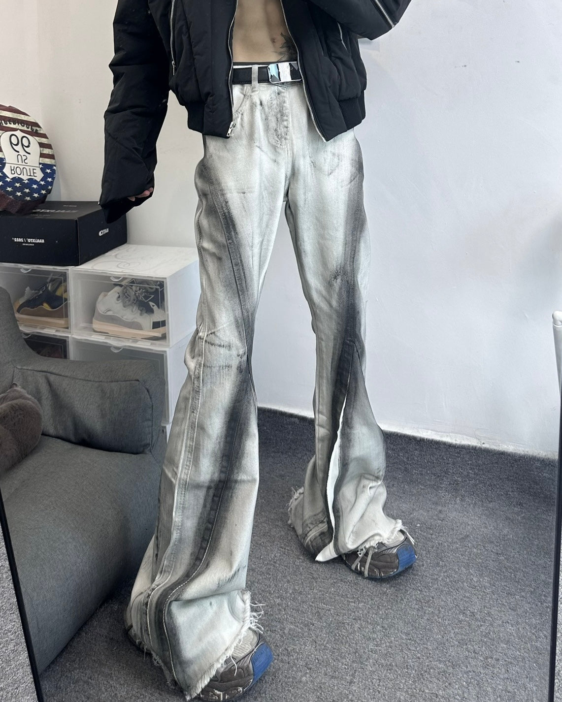 Bleached Flared Denim Pants znk000276